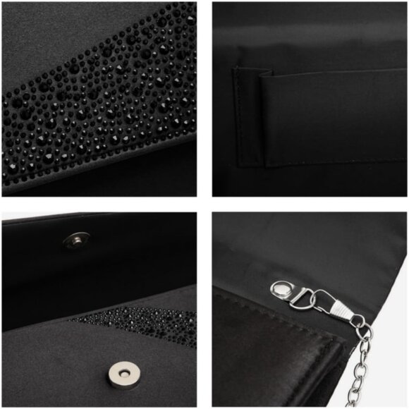 Women's Black Satin Rhinestone Evening Clutch Bag Sparkle Glitter Purse - Picture 5 of 7